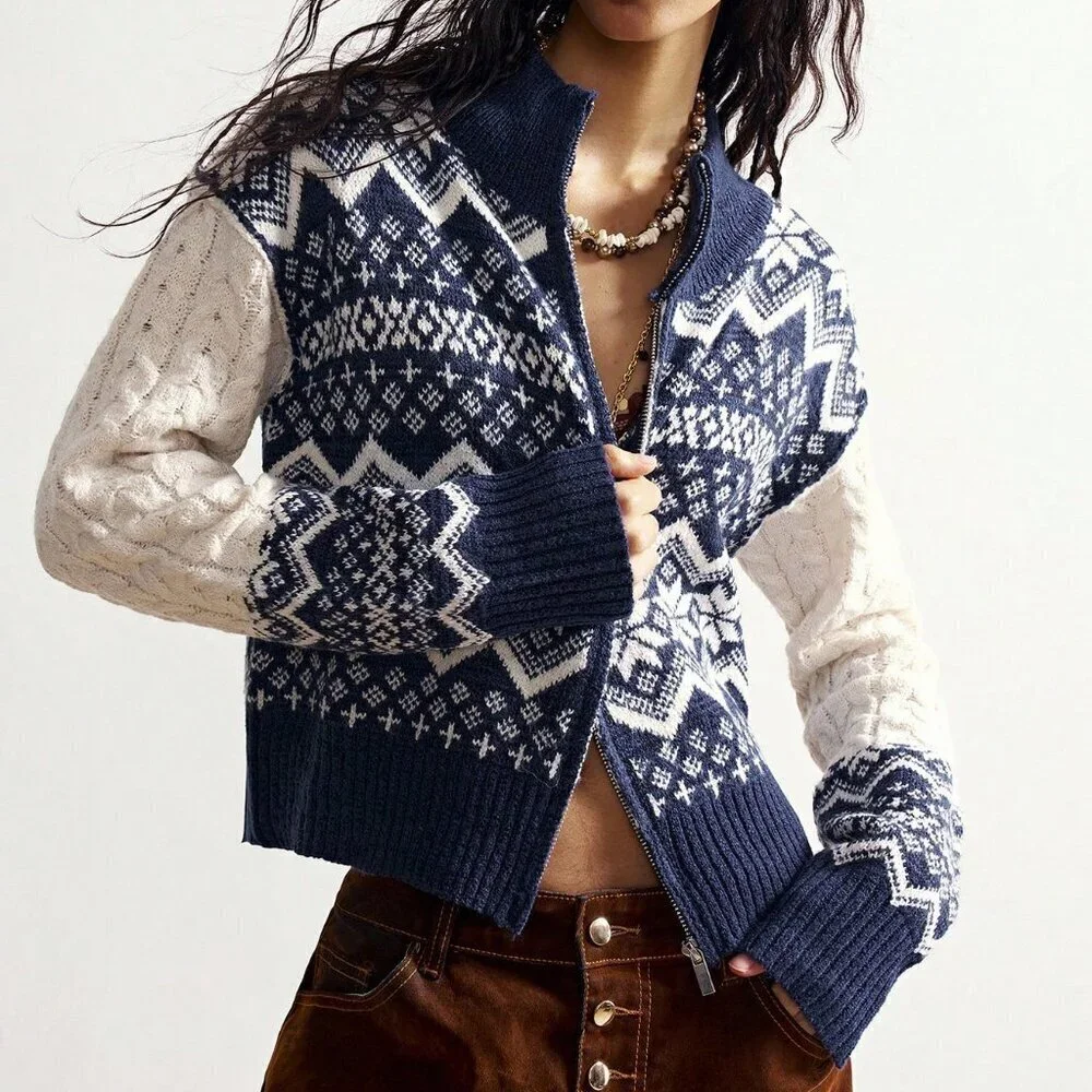 Womens Blue High Neck Zip up Fair Isle Print Chunky Cable Knit Cardigan